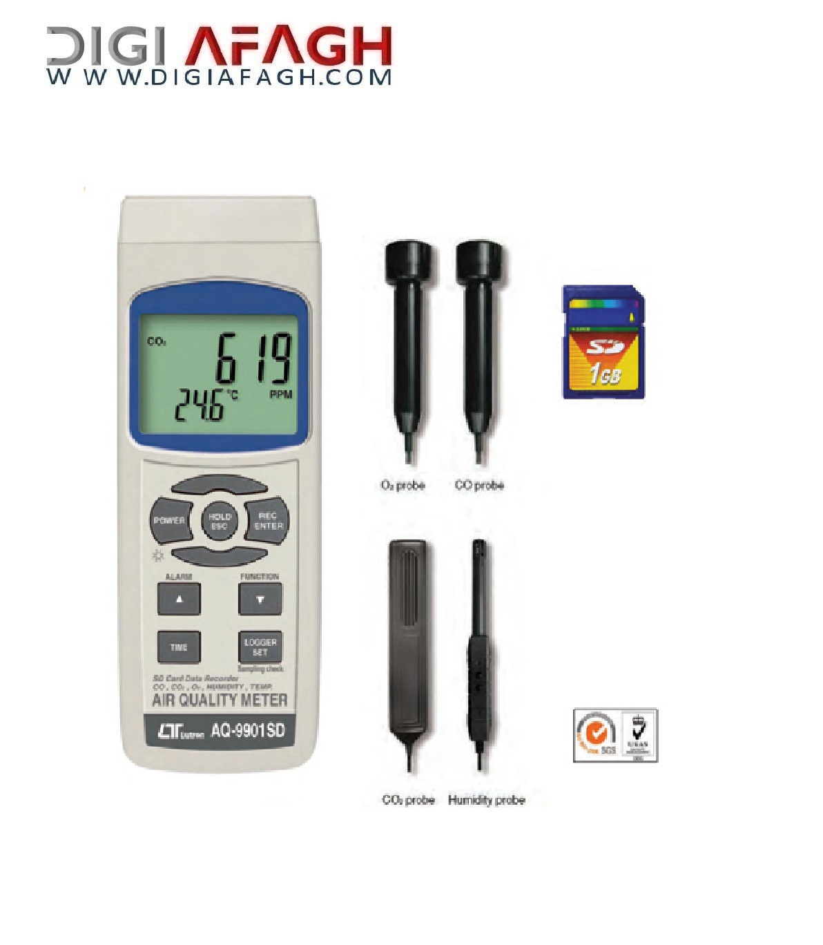 O2, CO, CO2 سنج ، دماسنج، رطوبت سنج دارای کارت حافظه  AQ-9901SD