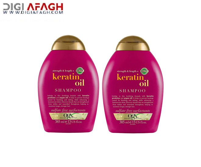 شامپو روغن کراتین مدل strength length اصل حجم 385 میل بلند کننده و ضد موخوره مو محصول  او جی ایکس OGX