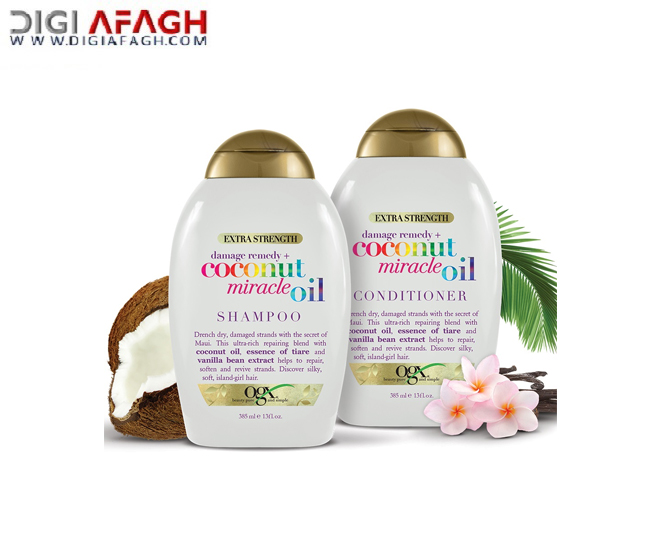 نرم کننده روغن نارگیل مدل میراکل بدون سولفات، ترمیم و نرم کننده فوق العاده مو 385 میل محصول او جی ایکس (OGX)